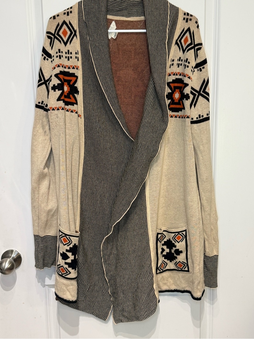 if it were me Beige Shawl Collar Cardigan with Black and Orange Aztec Accents